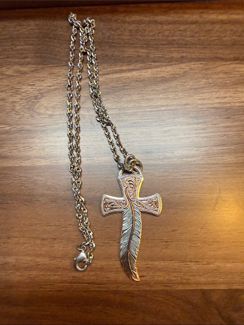 Silver-Tone Cross & Feather Pendant Necklace - Men Accessories
